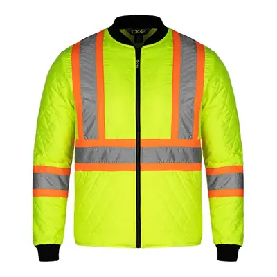 Hi-vis yellow quilted jacket with reflective tape, front view