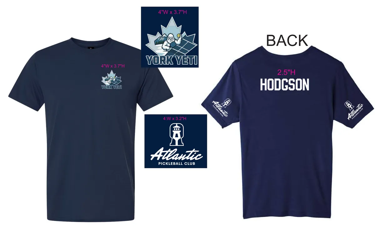 York Yeti player jersey design proof: navy shirt with the York Yeti crest on the left chest, a player name on the back and the Atlantic Pickleball Club sponsor logo on each sleeve, with print sizes marked