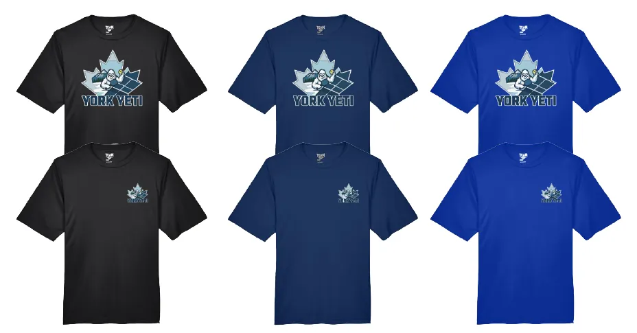 CoHo Apparel mockup of York Yeti performance tees in black, navy and royal blue, with a full-front crest or a small left-chest crest